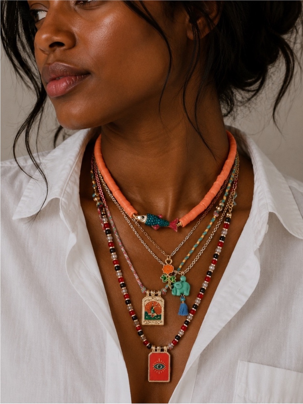 New! Evil Eye Fish Colorful Necklace Stack 5 Piece Set NWOT 1064